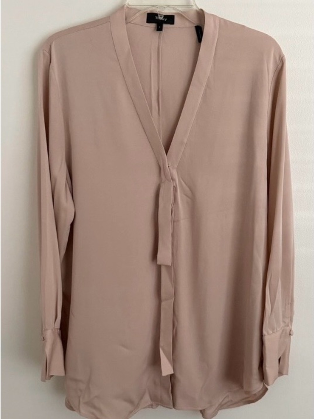 Theory Abbiar Nude/Pink Smooth Silk Blend Long Sleeve Blouse - Large